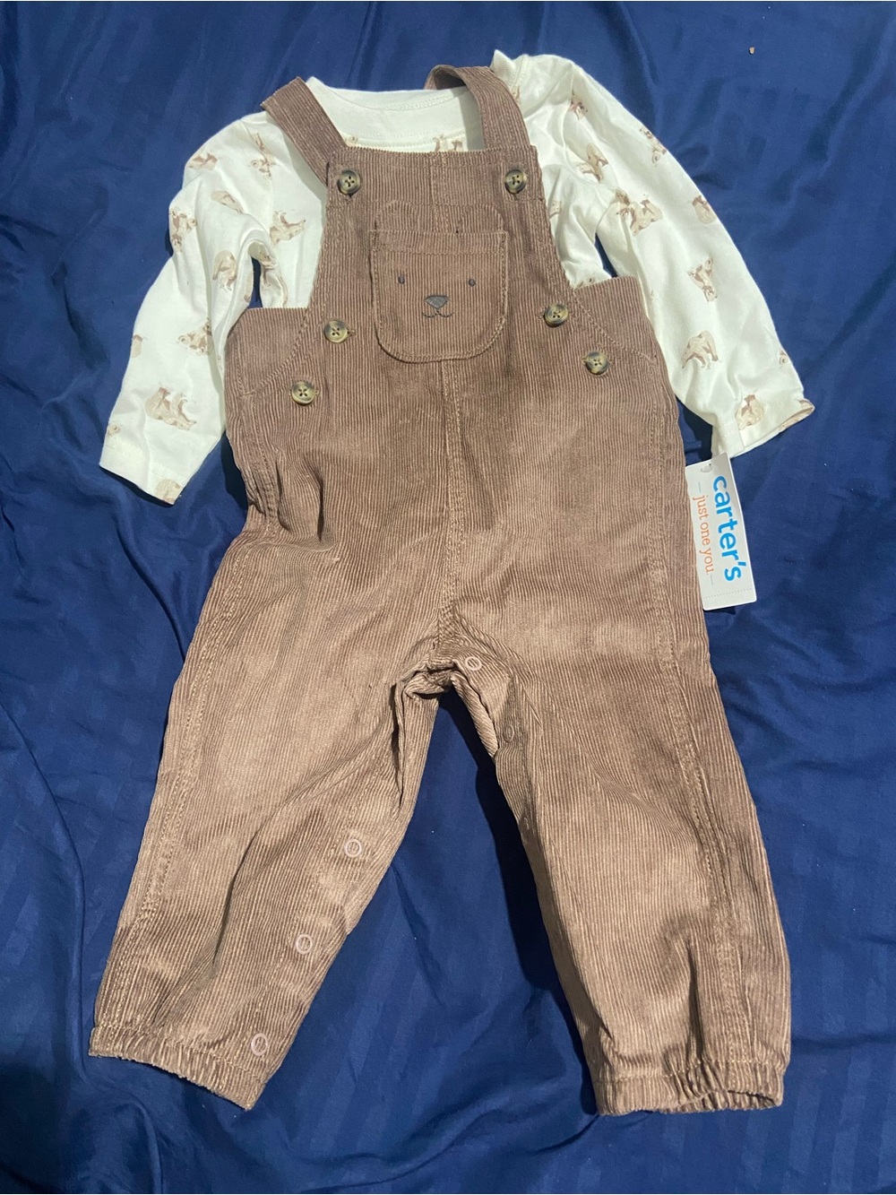 Carter's Brown Corduroy Bear Face Overalls with Cream Bodysuit